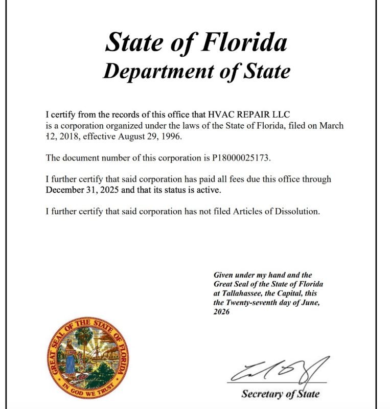 State of Florida Department of State certificate confirming HVAC PRIME LLC is active