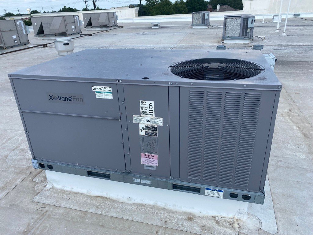 Commercial rooftop packaged HVAC unit charged with R-410A refrigerant