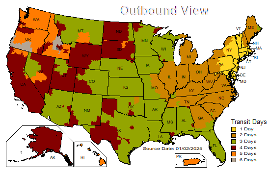 Estimated UPS Ground transit days from the shipping origin across the United States