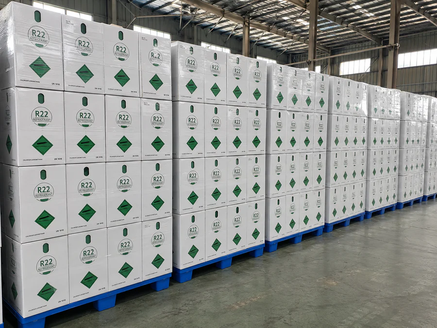 Shrink-wrapped pallets of R-22 refrigerant boxes in the Florida warehouse